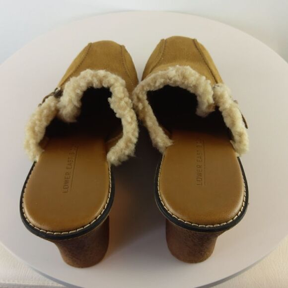 Lower East Side camel color faux suede wedge heel clogs with faux fur - Picture 9 of 15